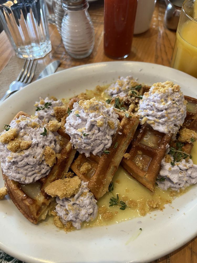 Lavender lemon thyme waffles with whipped cream and crumble