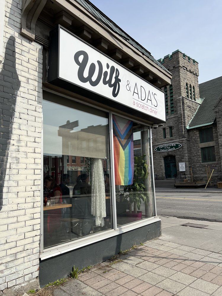 The Wilf & Ada's sign above the diner window at Bank Street and Arlington